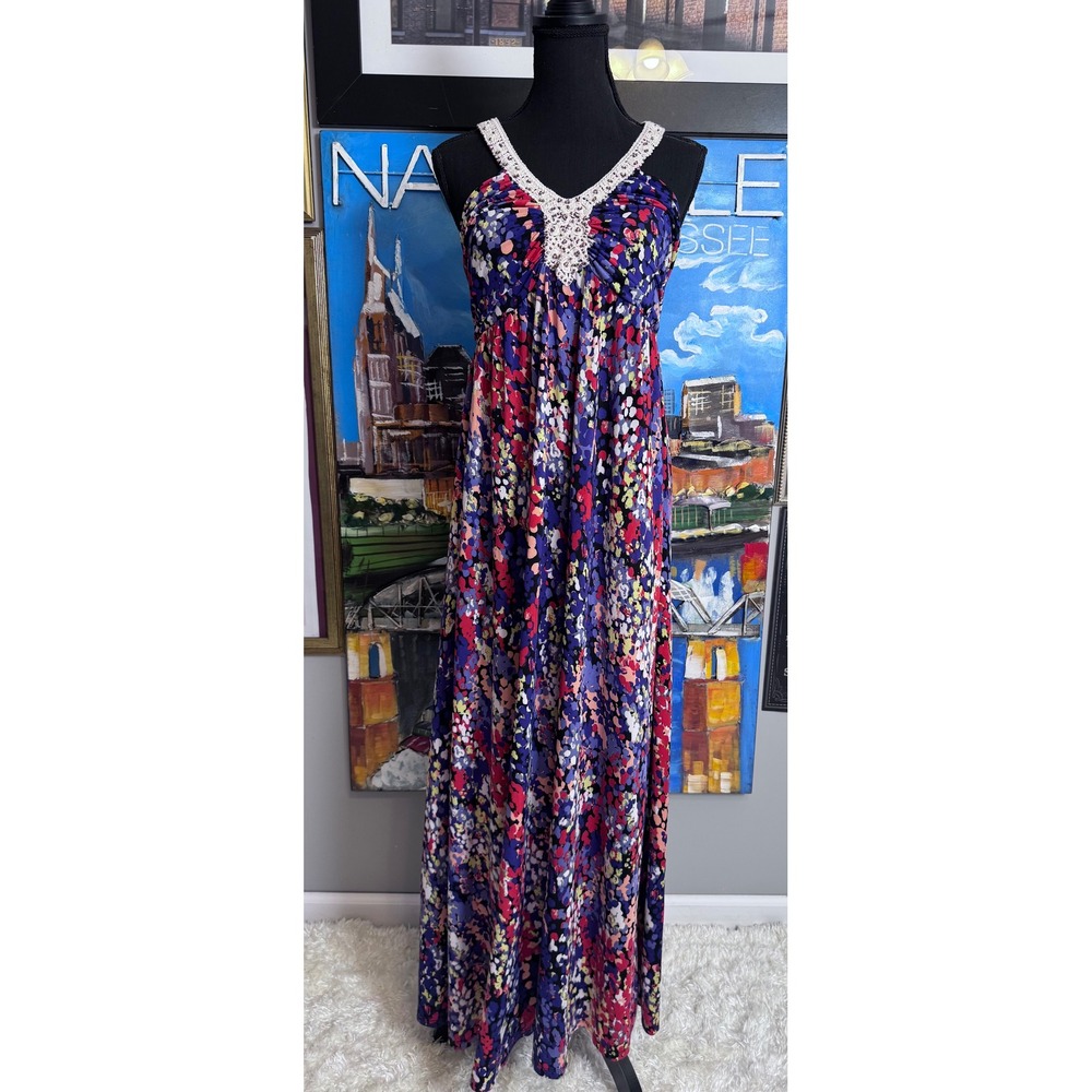 ELLE Floral Maxi Dress Purple Red Crochet Beaded V-Neck Sleeveless Small